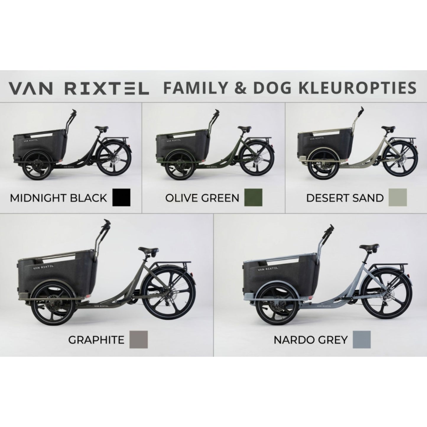 Elektrische bakfiets driewieler Van Rixtel Family met ruime gezinsbak en veiligheidsdeurtje