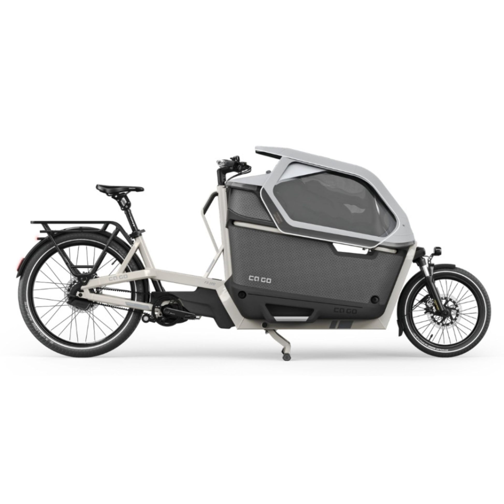 Premium elektrische bakfiets tweewieler Ca Go FS200 met regenhuif en kinderzitjes