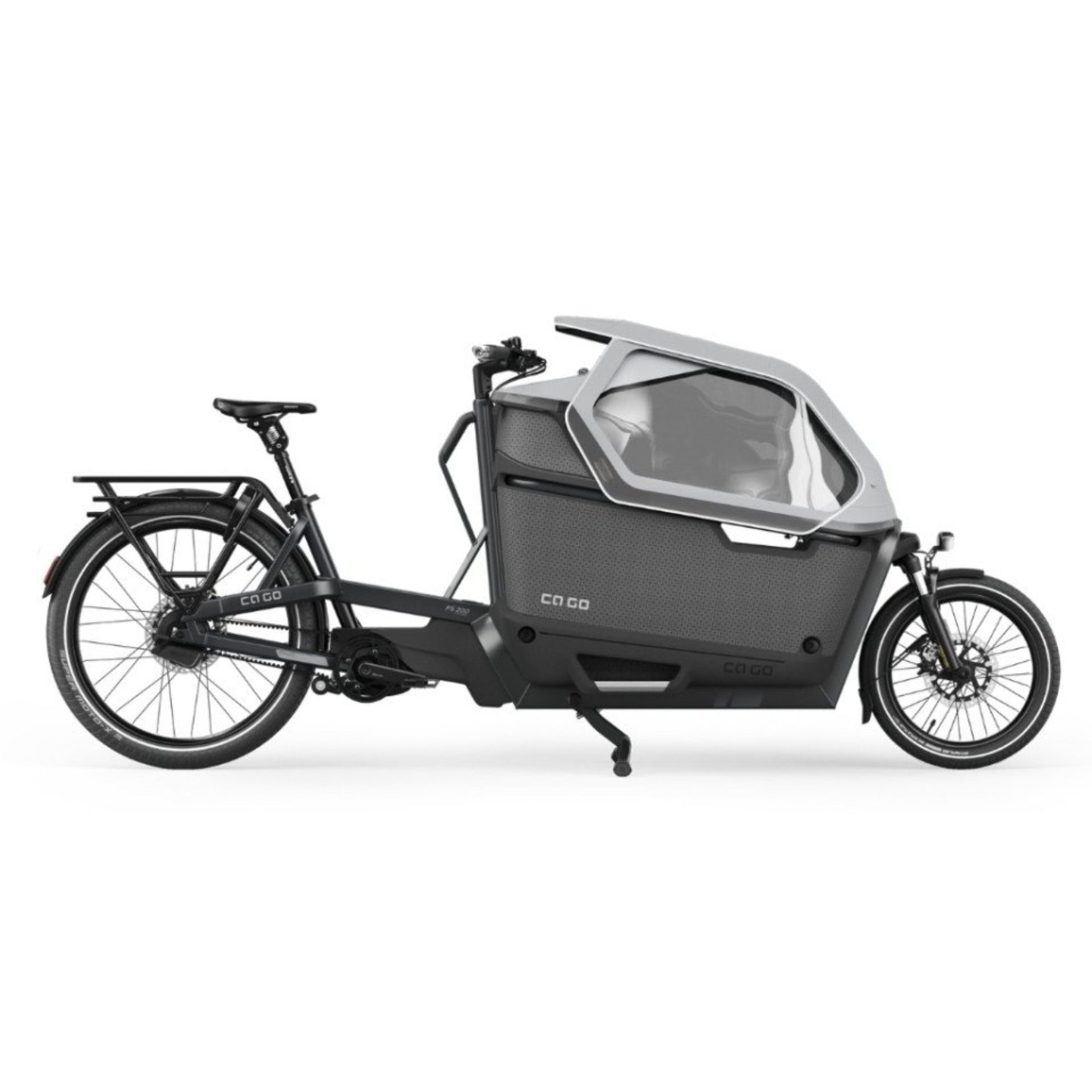 Premium elektrische bakfiets tweewieler Ca Go FS200 met regenhuif en kinderzitjes