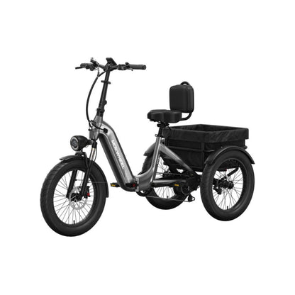 Driewieler elektrische fiets voor volwassenen met brede banden en bagagedrager