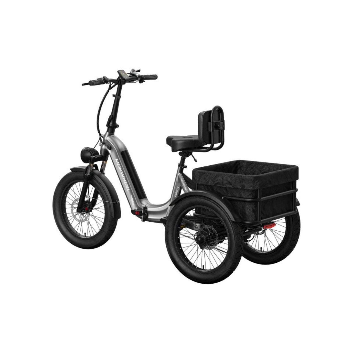 Driewieler elektrische fiets voor volwassenen met brede banden en bagagedrager