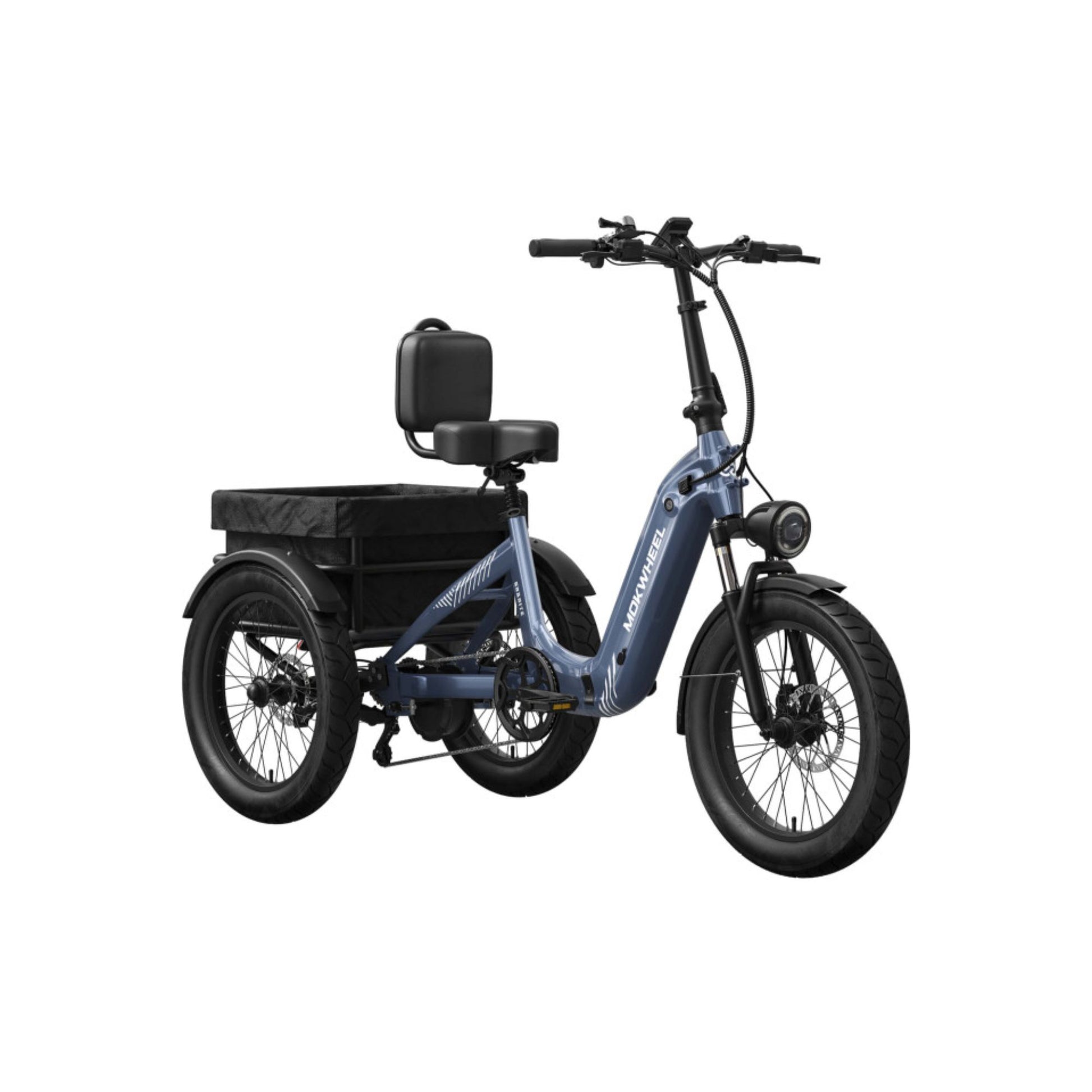 Driewieler elektrische fiets voor volwassenen met brede banden en bagagedrager
