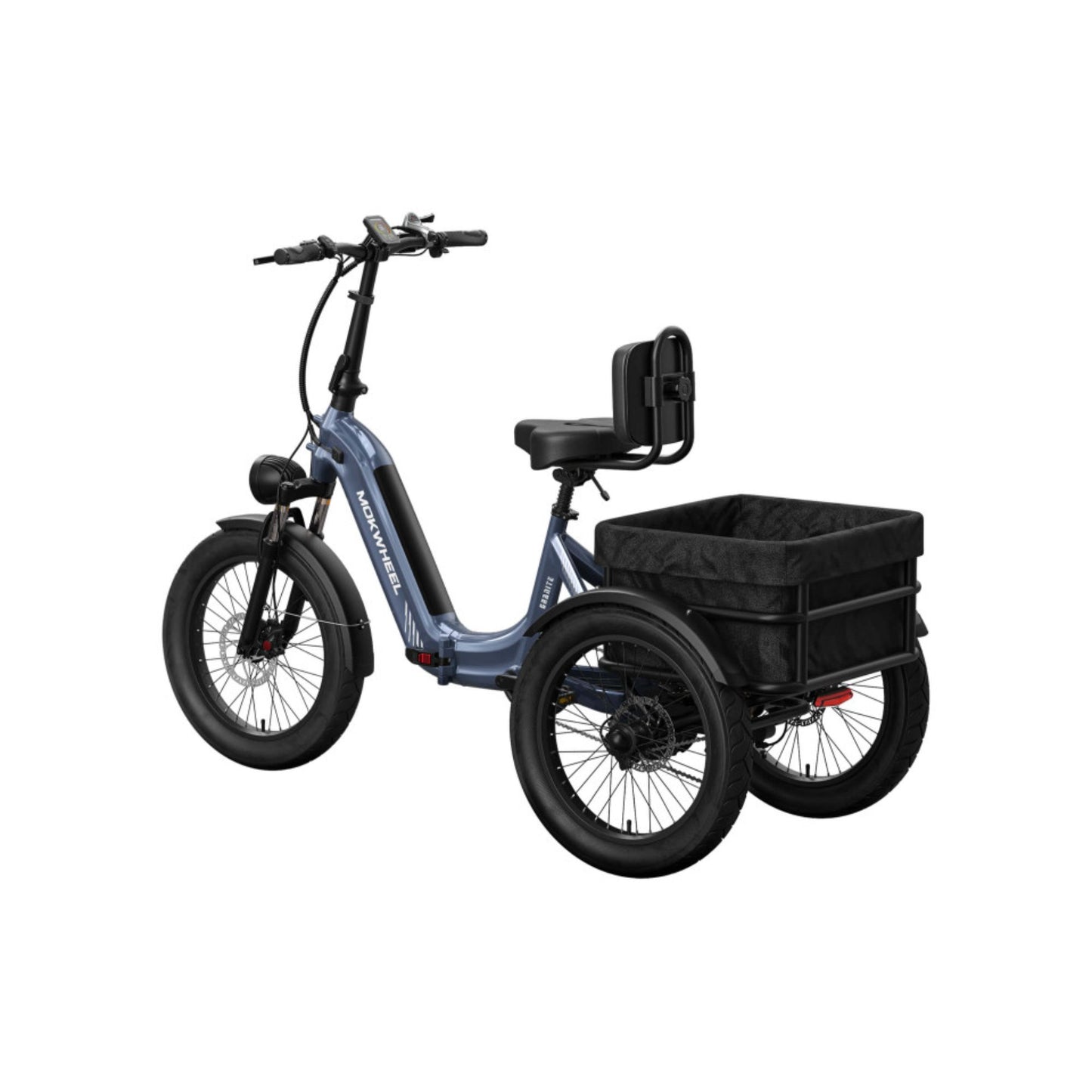 Driewieler elektrische fiets voor volwassenen met brede banden en bagagedrager
