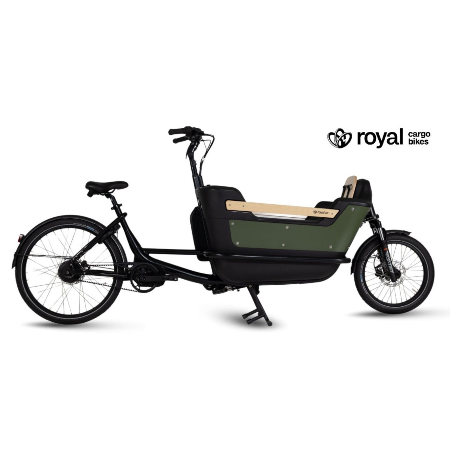 Elektrische bakfiets tweewieler met ruime kunststof bak en veiligheidsriemen
