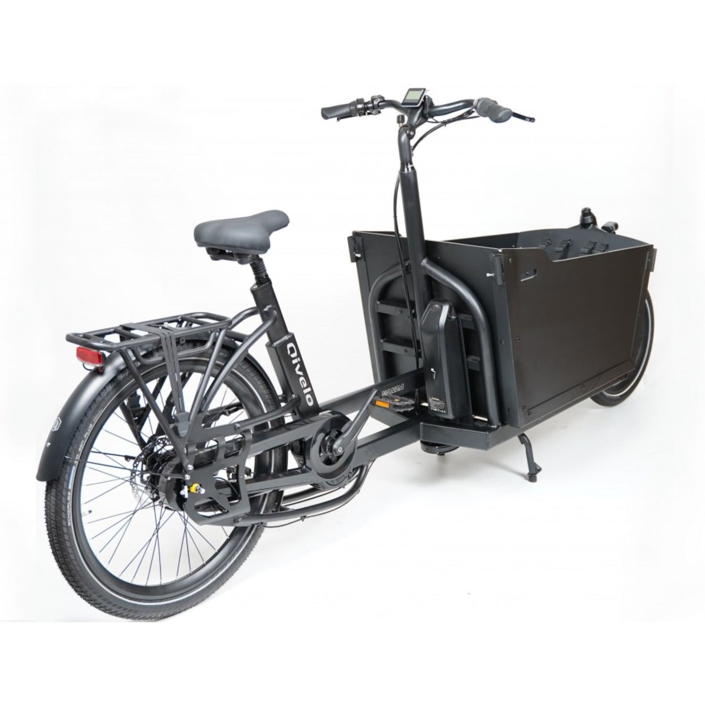 Elektrische bakfiets Qivelo Ananda Twowheel in mat zwart met twee wielen en ruime bak