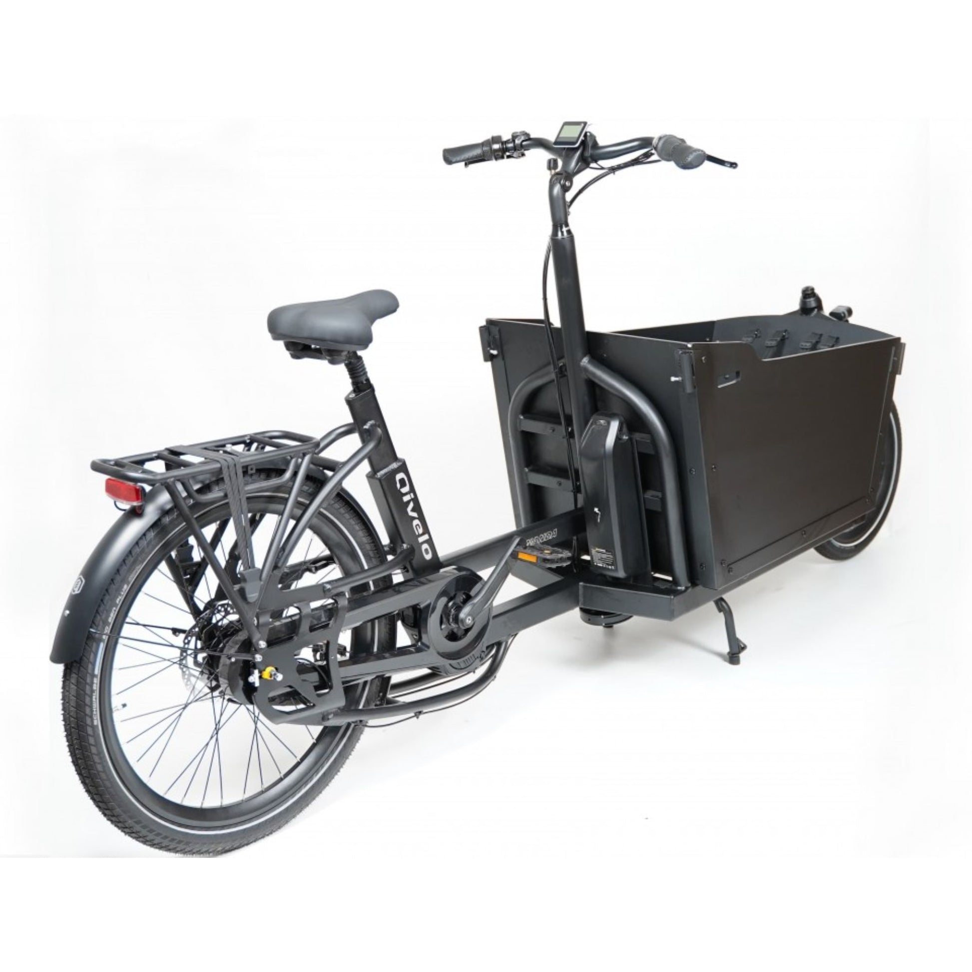 Elektrische bakfiets Qivelo Ananda Twowheel in mat zwart met twee wielen en ruime bak