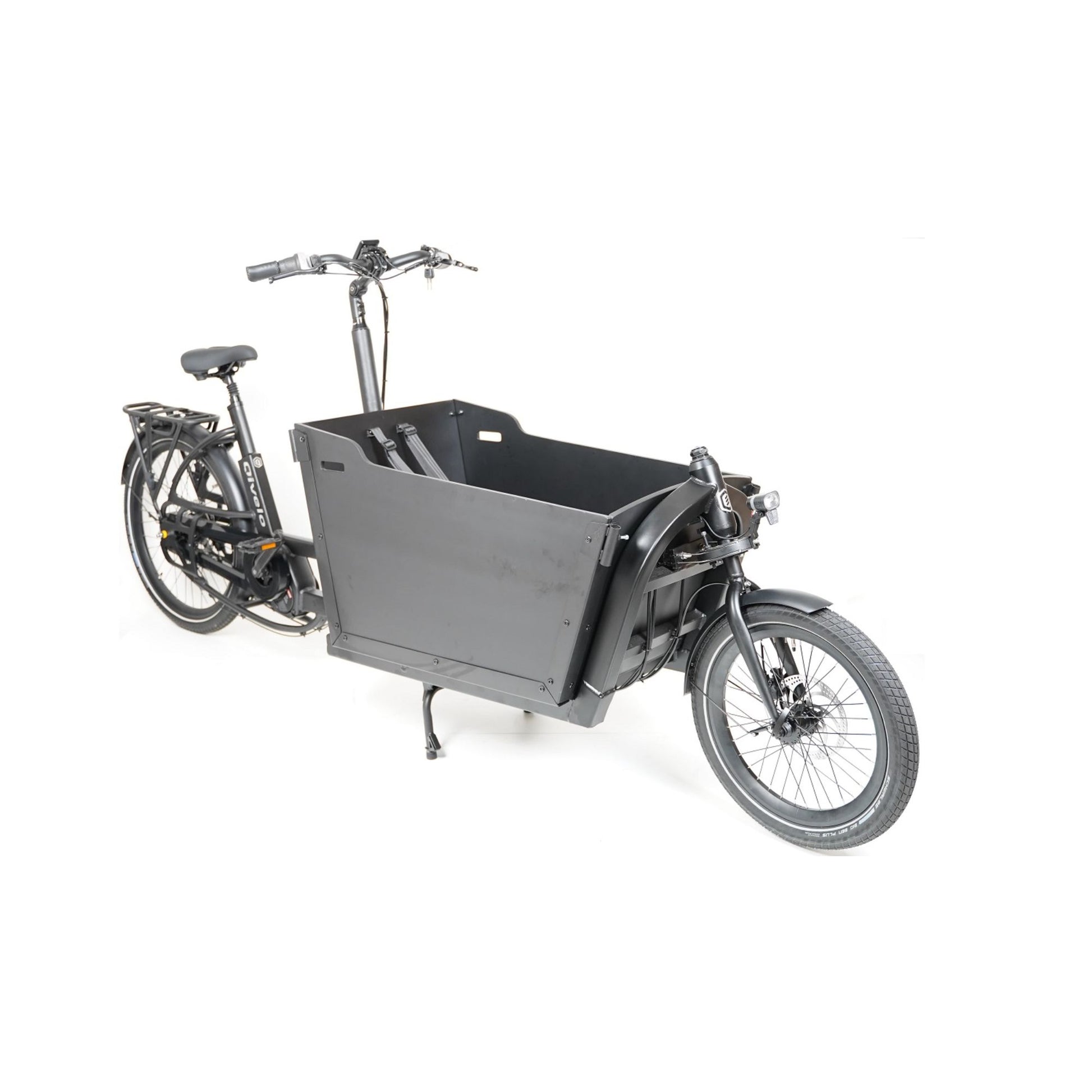 Elektrische bakfiets Qivelo Ananda Twowheel in mat zwart met twee wielen en ruime bak