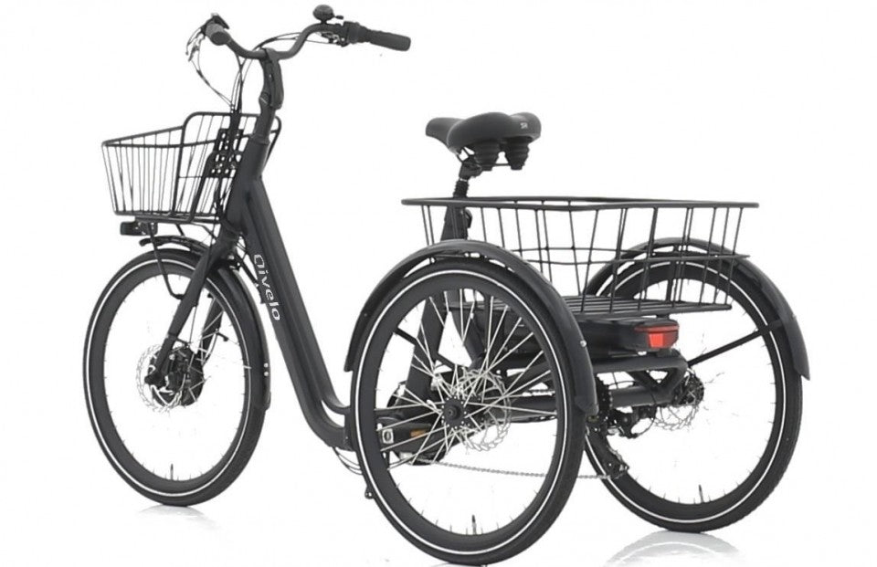 Driewieler elektrische fiets volwassenen met lage instap en manden