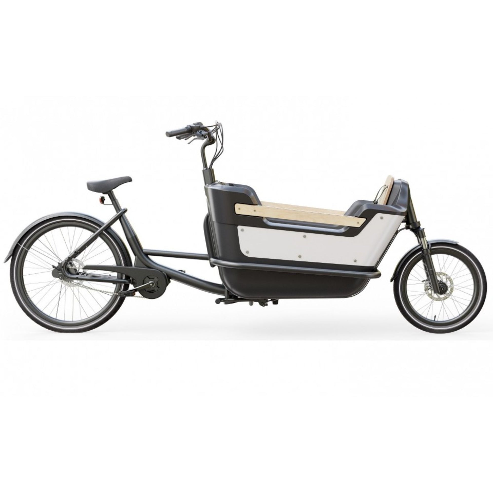 Elektrische bakfiets tweewieler met ruime kunststof bak en veiligheidsriemen