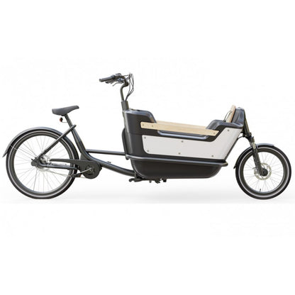 Elektrische bakfiets tweewieler met ruime kunststof bak en veiligheidsriemen