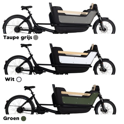 Elektrische bakfiets tweewieler met ruime kunststof bak en veiligheidsriemen