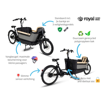 Elektrische bakfiets tweewieler met ruime kunststof bak en veiligheidsriemen