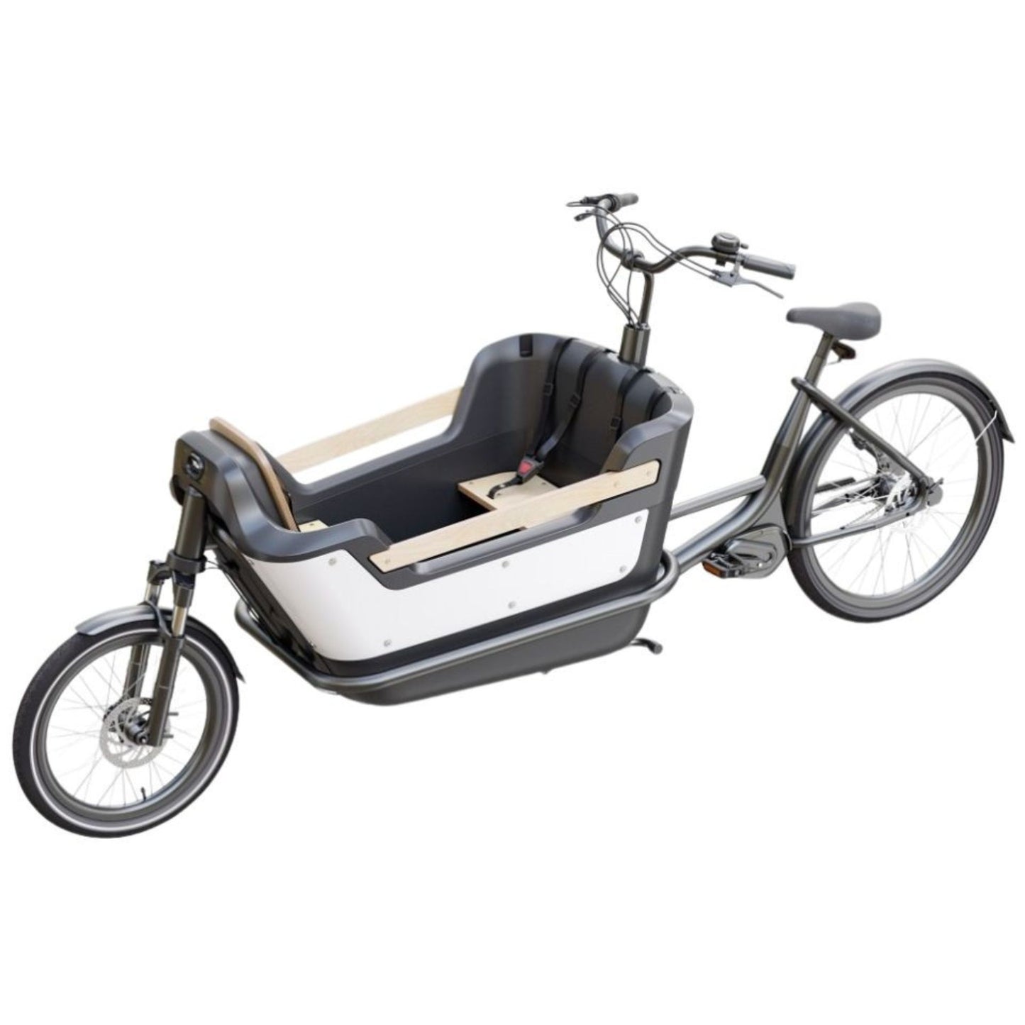 Elektrische bakfiets tweewieler met ruime kunststof bak en veiligheidsriemen