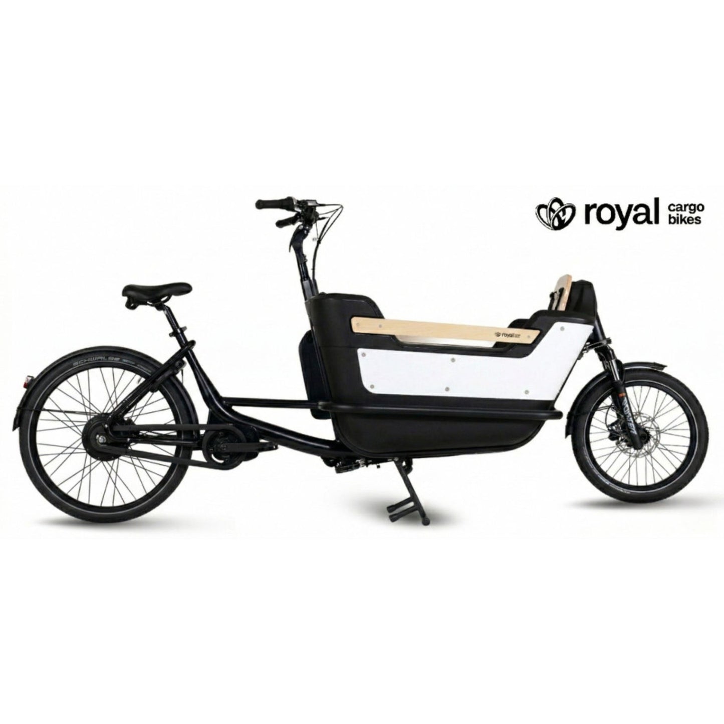 Elektrische bakfiets tweewieler met ruime kunststof bak en veiligheidsriemen