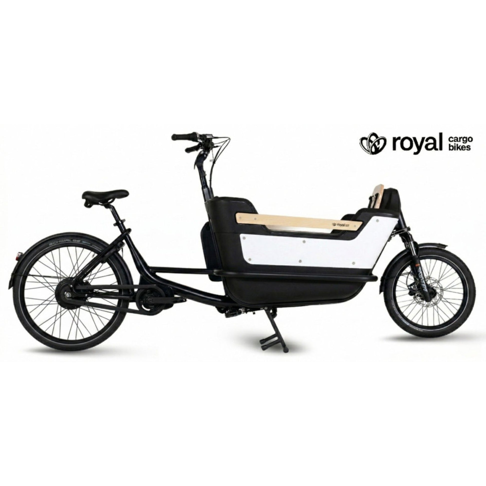Elektrische bakfiets tweewieler met ruime kunststof bak en veiligheidsriemen