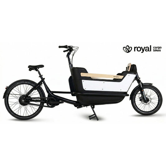 Elektrische bakfiets tweewieler met ruime kunststof bak en veiligheidsriemen