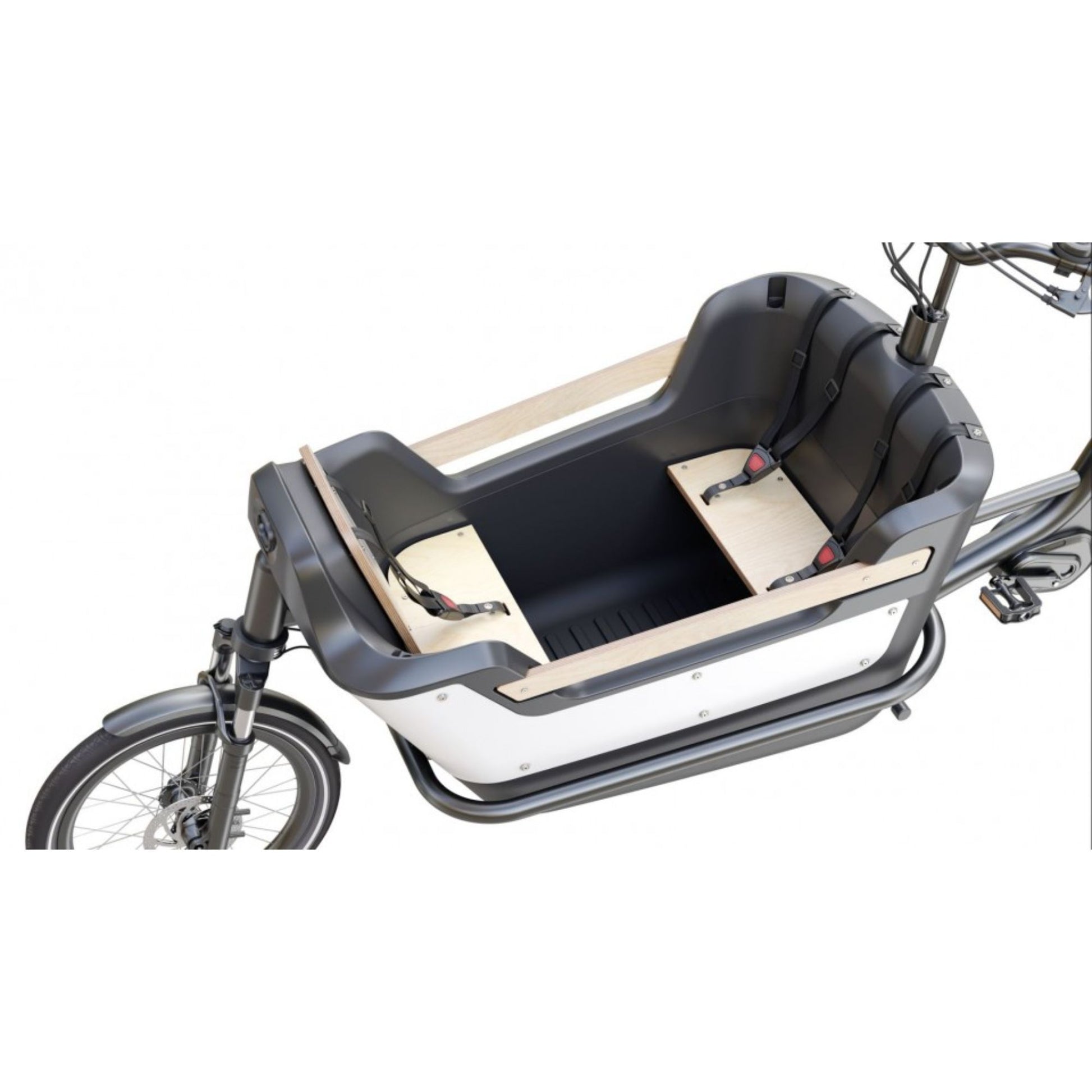 Elektrische bakfiets tweewieler met ruime kunststof bak en veiligheidsriemen