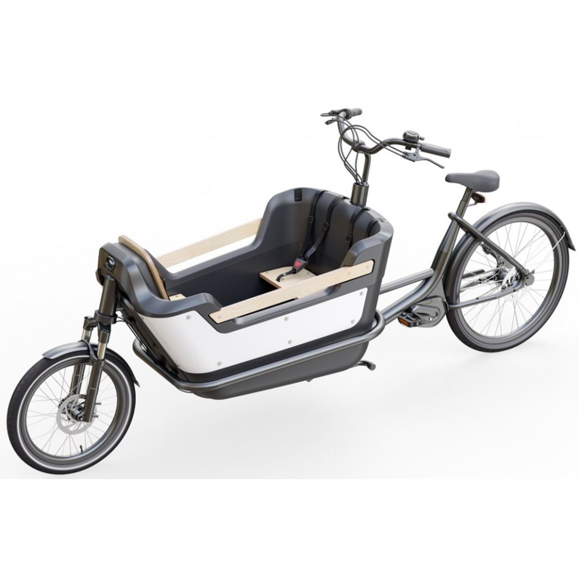 Elektrische bakfiets tweewieler met ruime kunststof bak en veiligheidsriemen