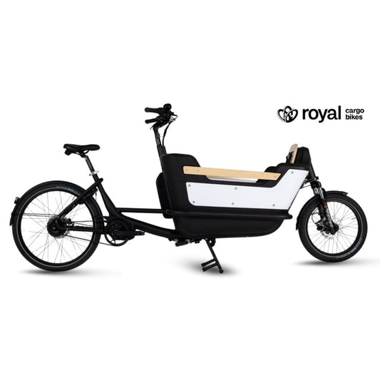 Elektrische bakfiets tweewieler met ruime kunststof bak en veiligheidsriemen