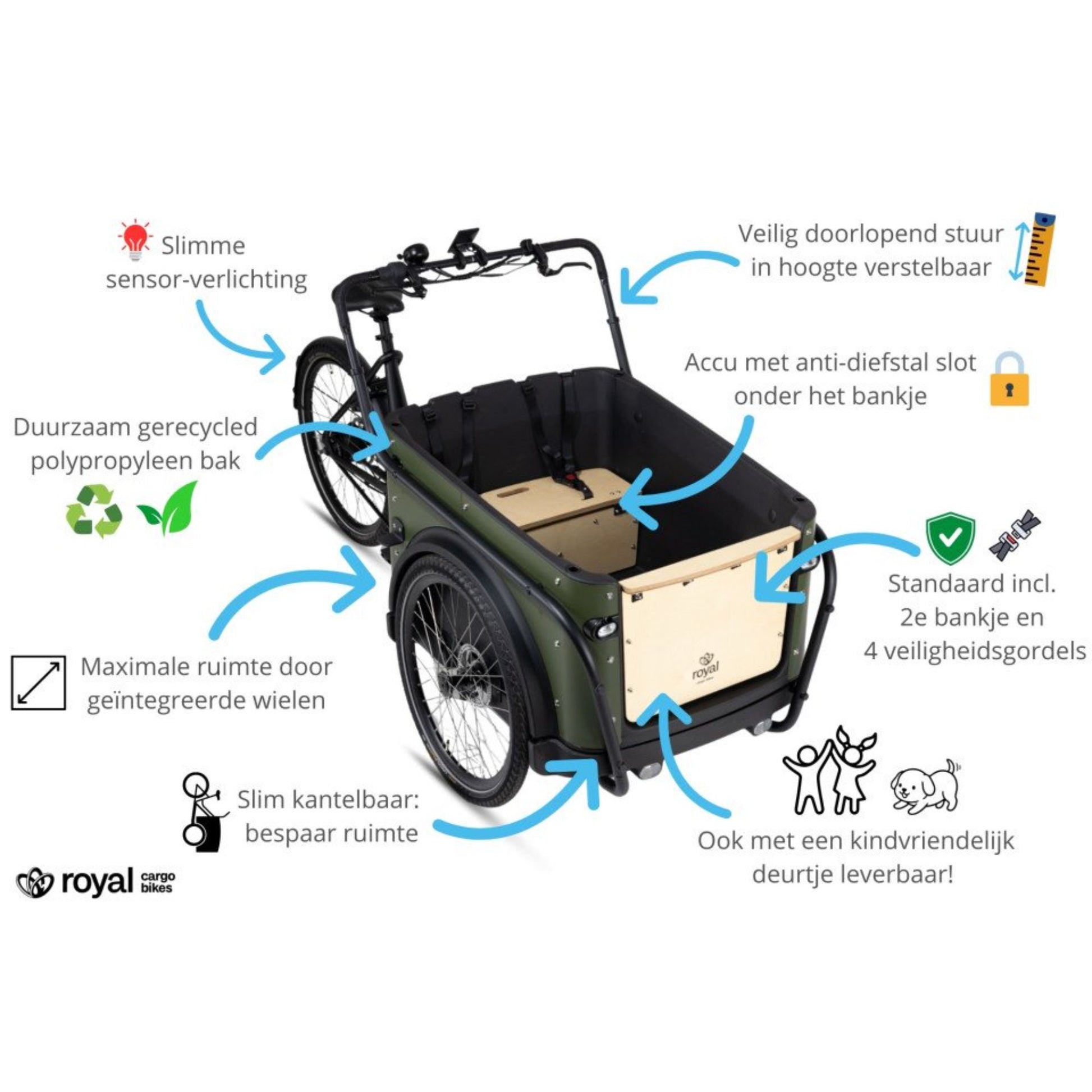 Elektrische bakfiets 3 wielen Royal Cargo Bike 3W Premium met kindervoorzitjes
