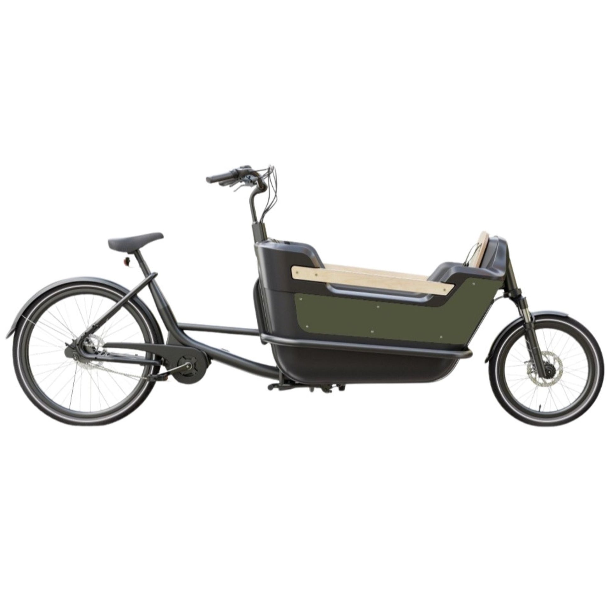 Elektrische bakfiets tweewieler met ruime kunststof bak en veiligheidsriemen