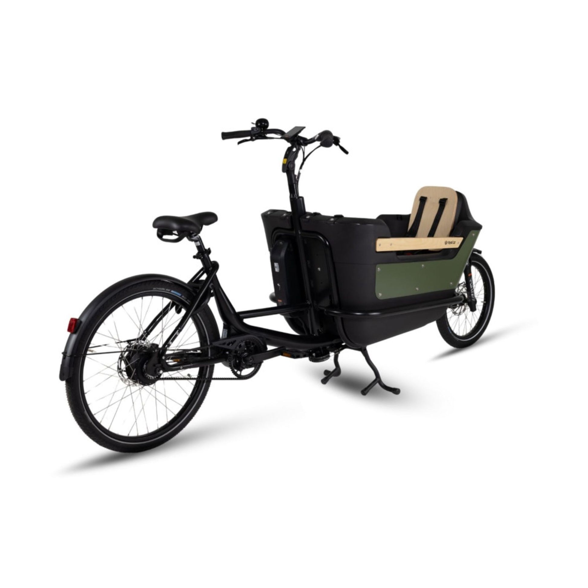Elektrische bakfiets tweewieler met ruime kunststof bak en veiligheidsriemen
