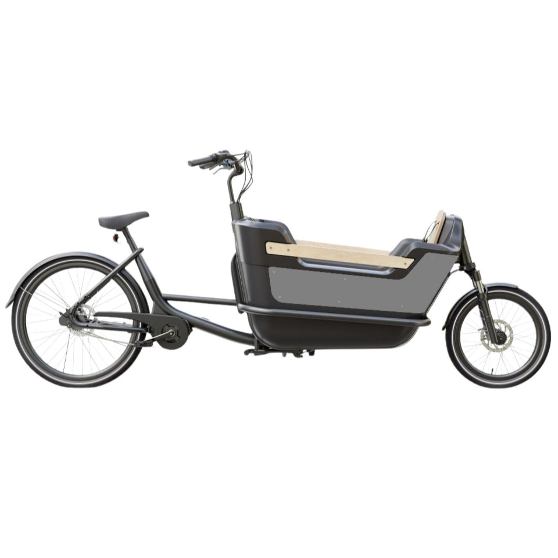 Elektrische bakfiets tweewieler met ruime kunststof bak en veiligheidsriemen