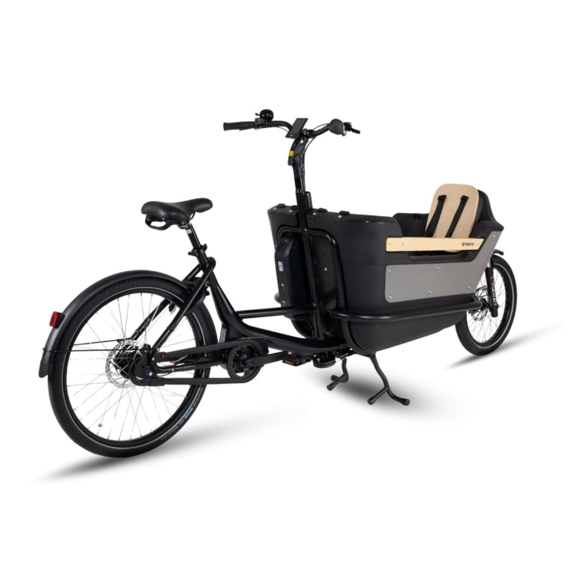 Elektrische bakfiets tweewieler met ruime kunststof bak en veiligheidsriemen