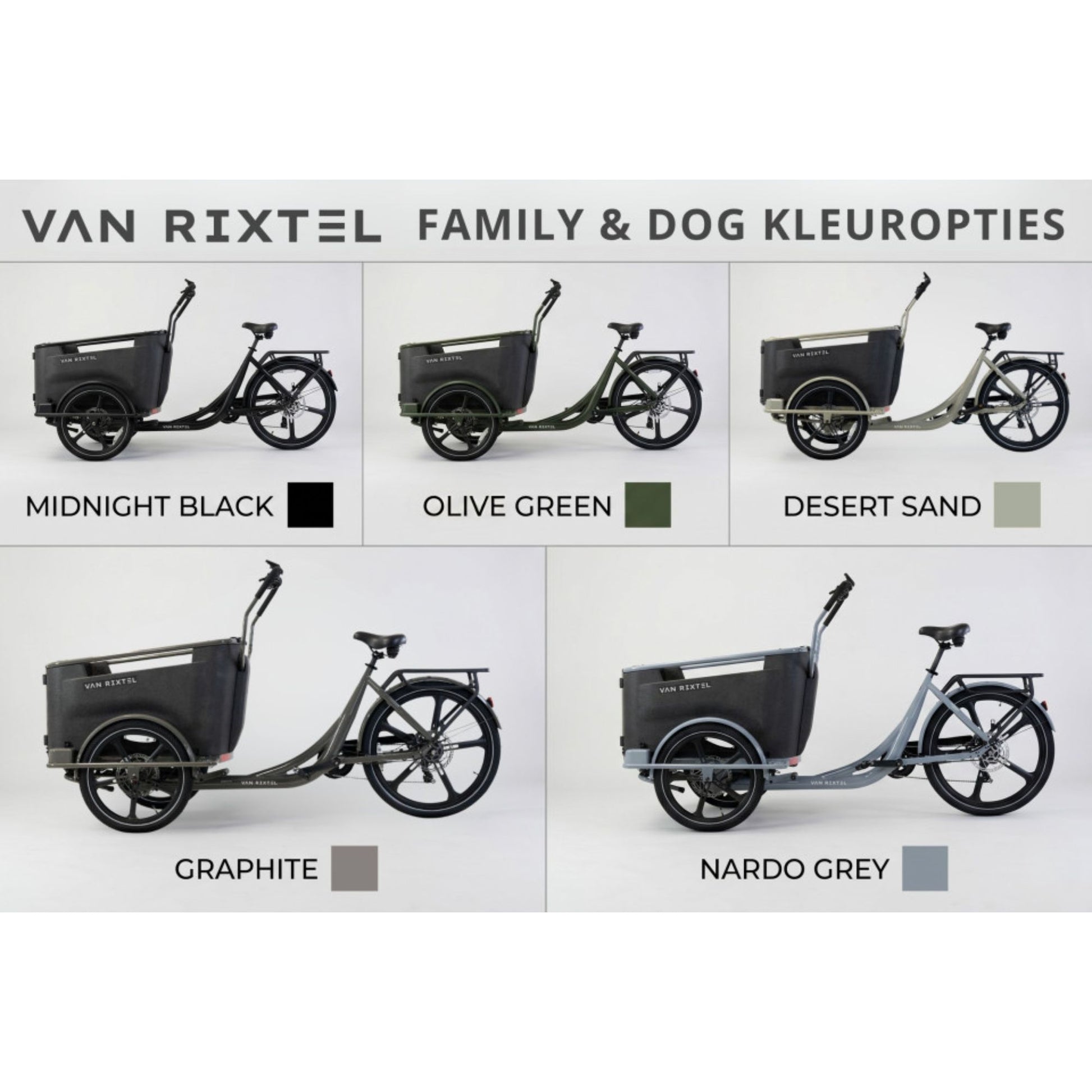 Elektrische bakfiets driewieler Van Rixtel Family met ruime gezinsbak en veiligheidsdeurtje