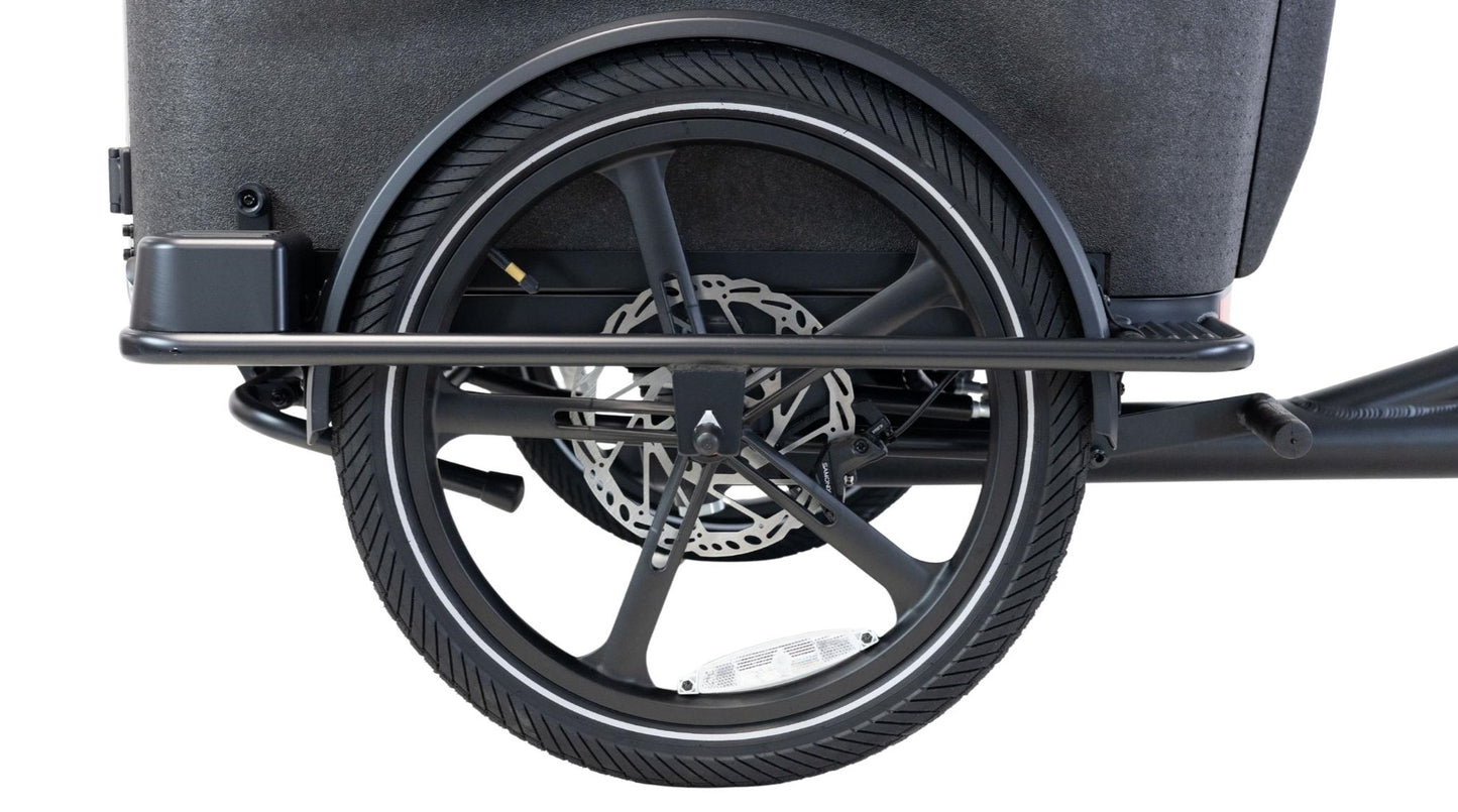 Elektrische bakfiets driewieler Van Rixtel Family met ruime gezinsbak en veiligheidsdeurtje