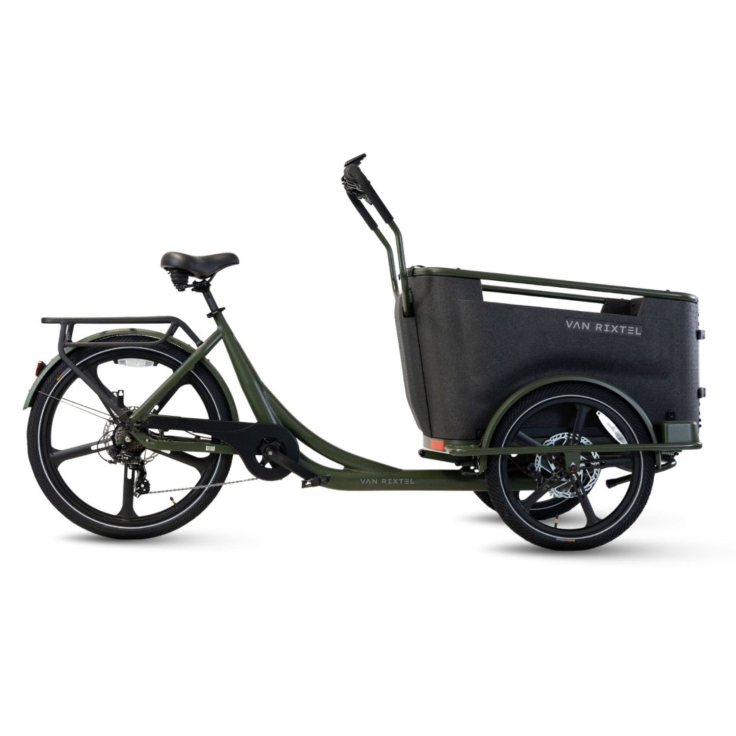 Elektrische bakfiets driewieler Van Rixtel Family met ruime gezinsbak en veiligheidsdeurtje