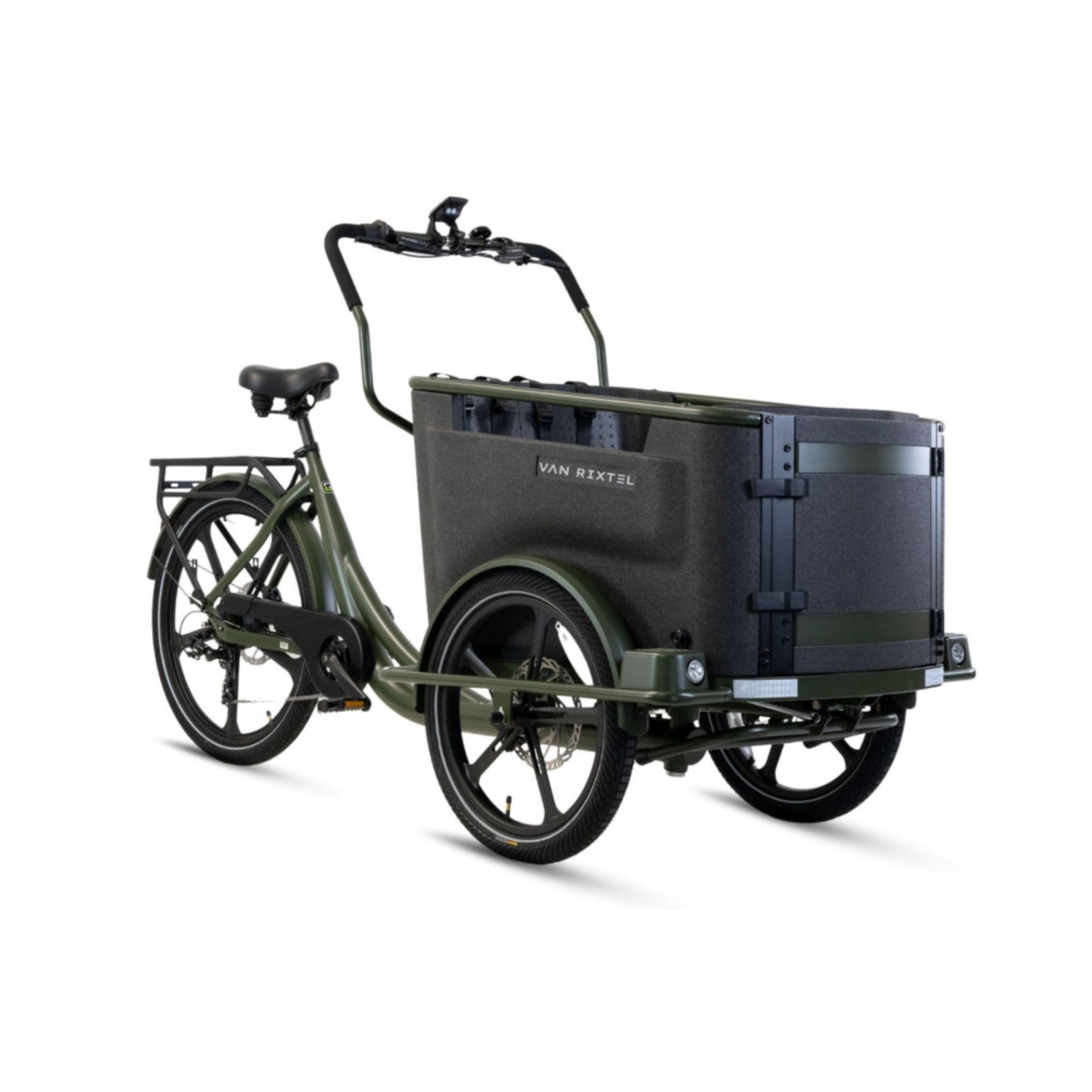 Elektrische bakfiets driewieler Van Rixtel Family met ruime gezinsbak en veiligheidsdeurtje