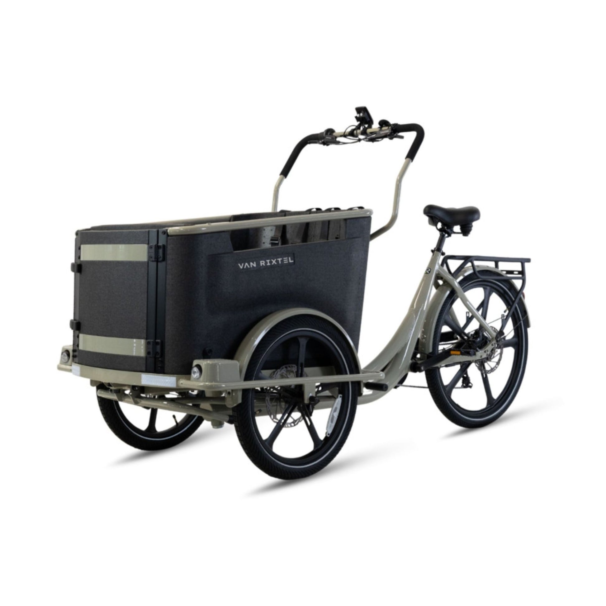 Elektrische bakfiets driewieler Van Rixtel Family met ruime gezinsbak en veiligheidsdeurtje